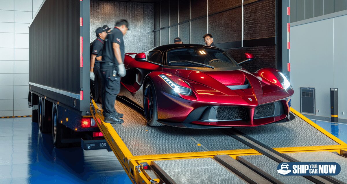 Luxury car being loaded into an enclosed transport vehicle
