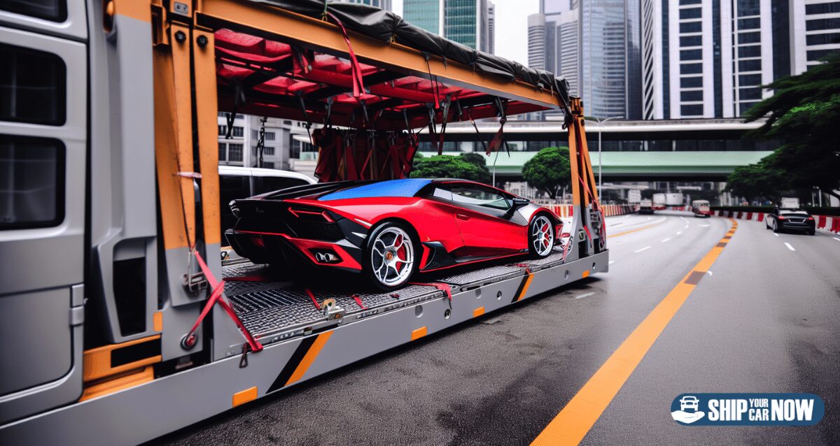 Exotic car being transported using specialized equipment