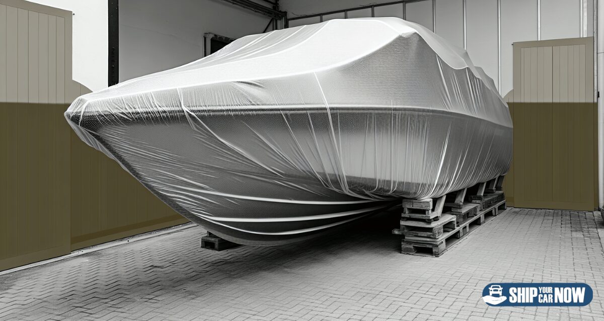 Boat wrapped in protective covering for transport