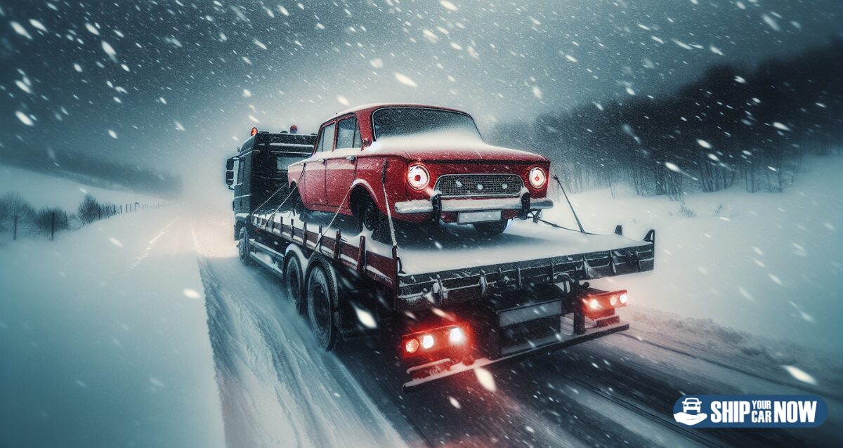A car being transported during winter