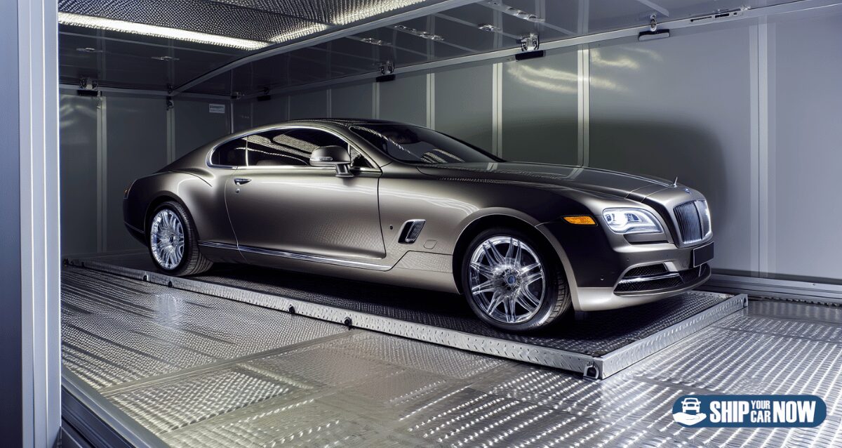 Luxury car being transported in an enclosed carrier
