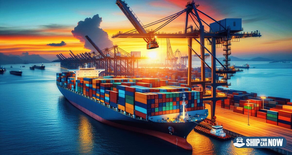 Boat shipping containers at a port