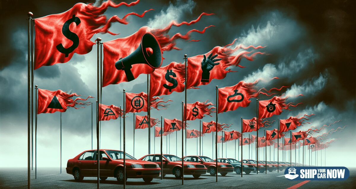 Illustration of red flags such as vague fees, upfront payments, and aggressive marketing tactics