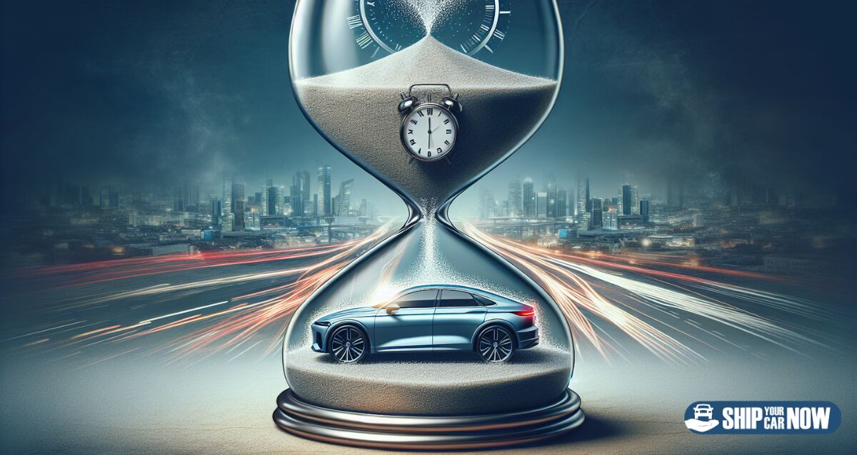 Artistic representation of a car being delivered within a specific time window