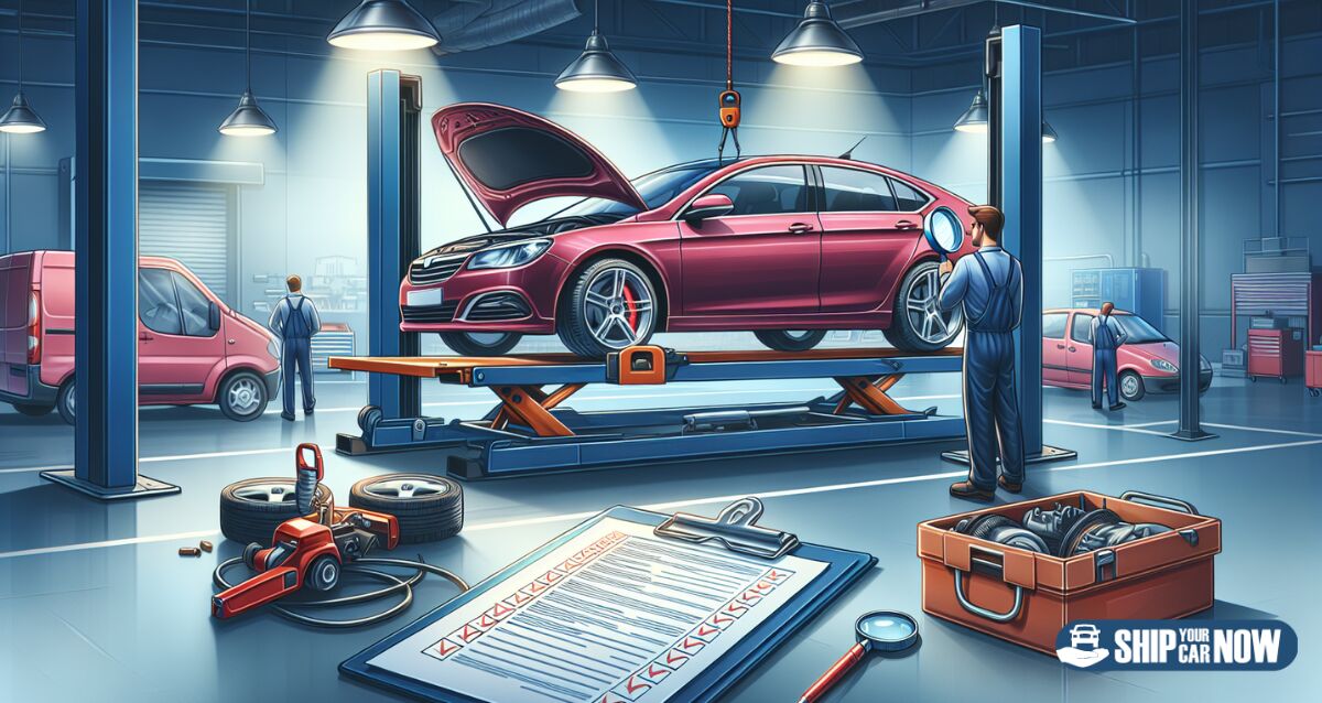 Illustration of a car being inspected before shipping