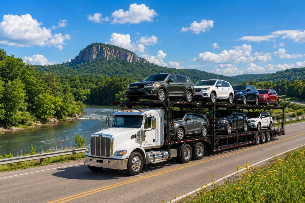 Cars being shipped on an open transport truck to Alabama