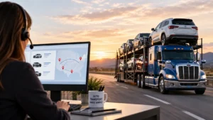 person sitting infront of a computer looking at routes that the driving auto transport vehicle is shipping cars