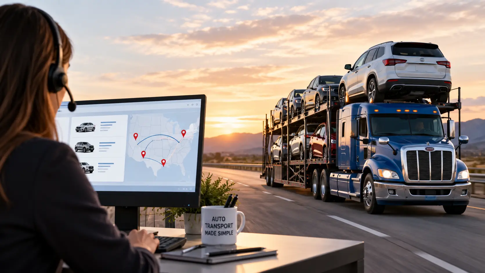 person sitting infront of a computer looking at routes that the driving auto transport vehicle is shipping cars