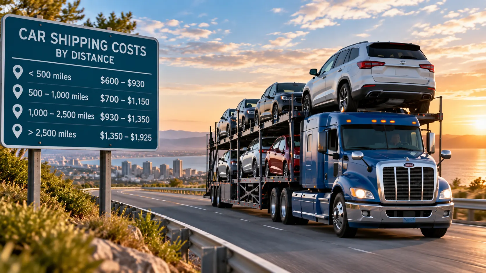 auto transport vehicle driving on the i95 past a board with car shipping costs