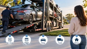 image with the process on how car shipping works with a moving auto transport vehicle