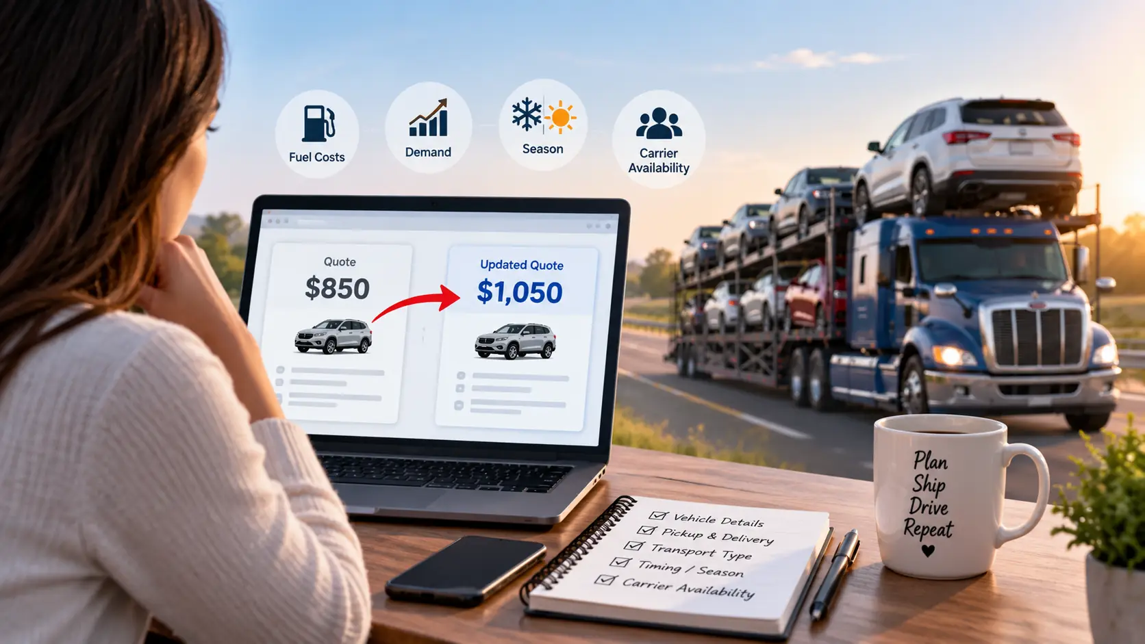 woman viewing the different car shipping quotes. the original quote and the car shipping quote that changed