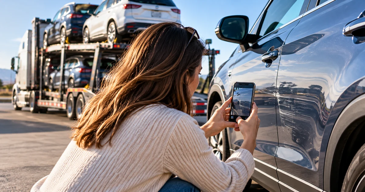 Car owner photographing vehicle damage beside an auto transport carrier after delivery.
