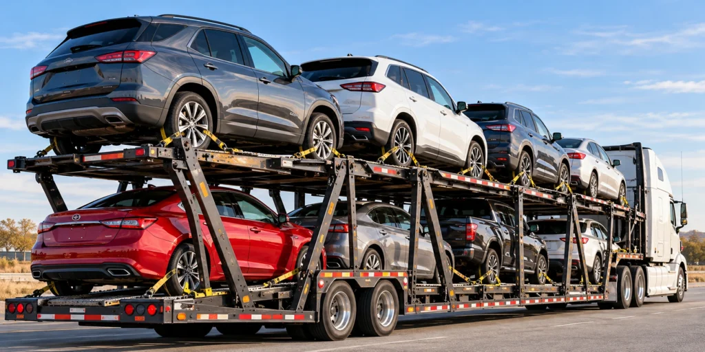 Vehicles strapped to an open car hauler trailer during highway transport