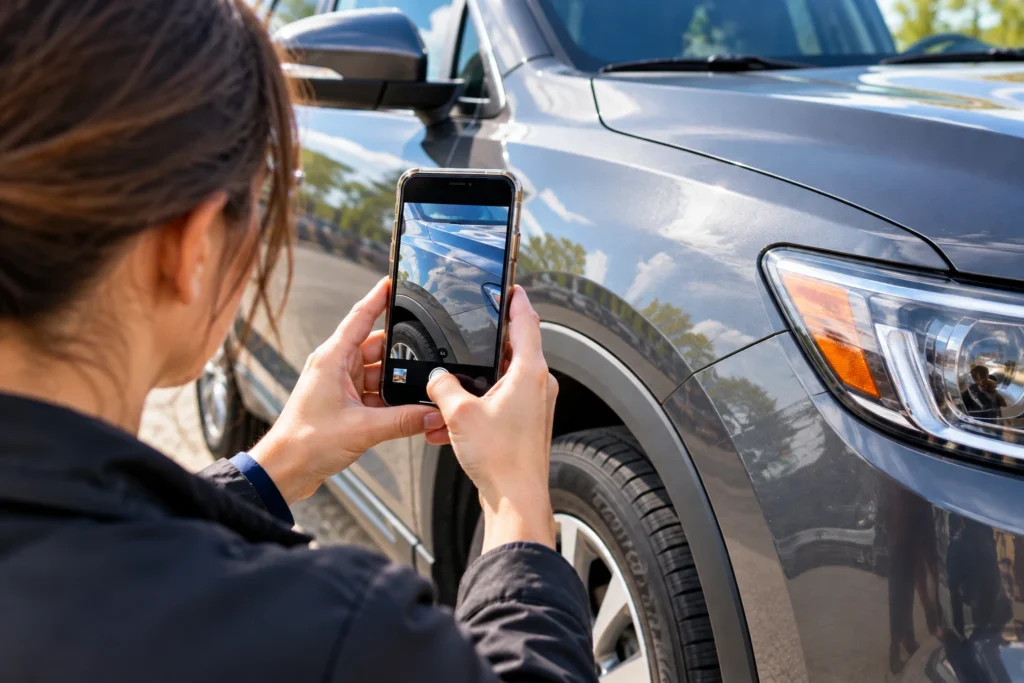 Car owner photographing vehicle panels with a phone before auto transport pickup