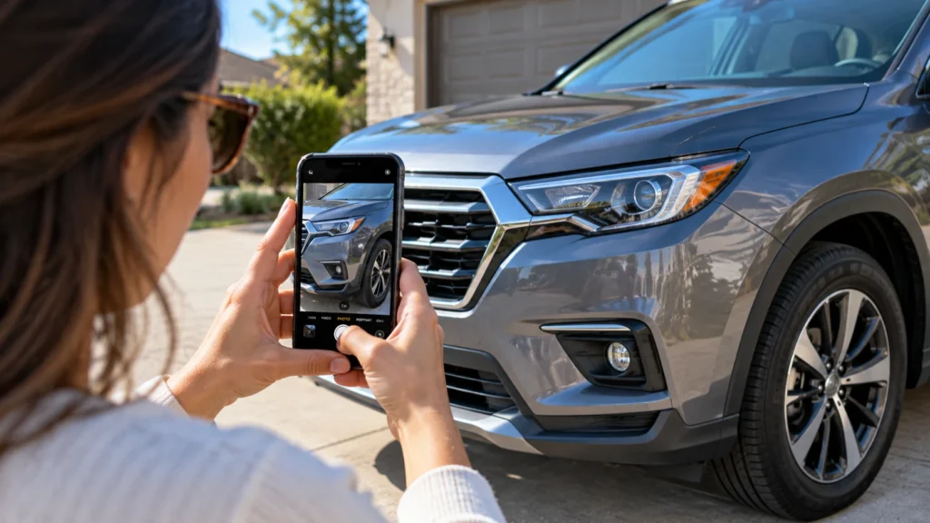 IMAGE PLACEHOLDER 5
Type: Photograph, 1200 x 675, horizontal
Subject: A person photographing the front corner of a clean vehicle with a smartphone, documenting its condition before pickup. Show the phone screen framing the car if possible.
Filename: documenting-vehicle-condition-before-car-shipping.jpg
Alt text: Owner photographing a vehicle to document its condition before car shipping pickup