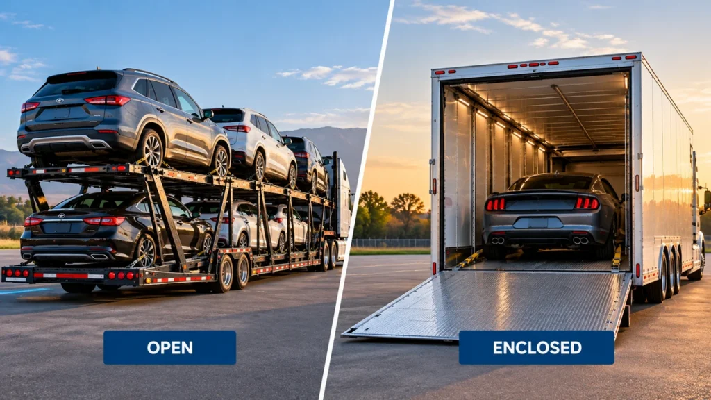 Open car carrier and enclosed trailer side by side for shipping multiple vehicles