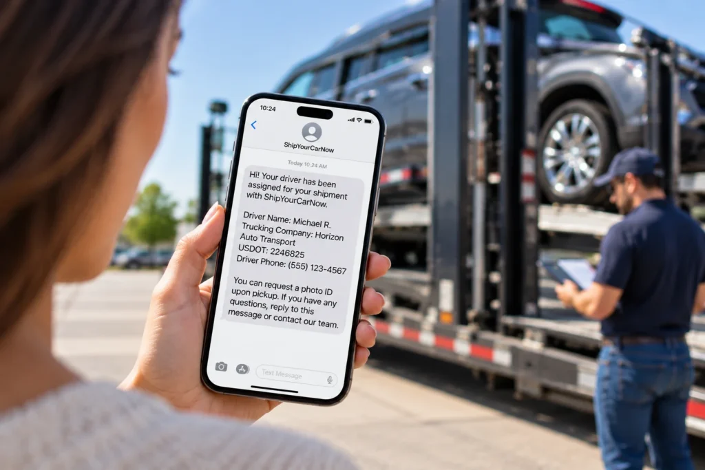 Know Your Trucker text message showing assigned driver verification before car shipping pickup